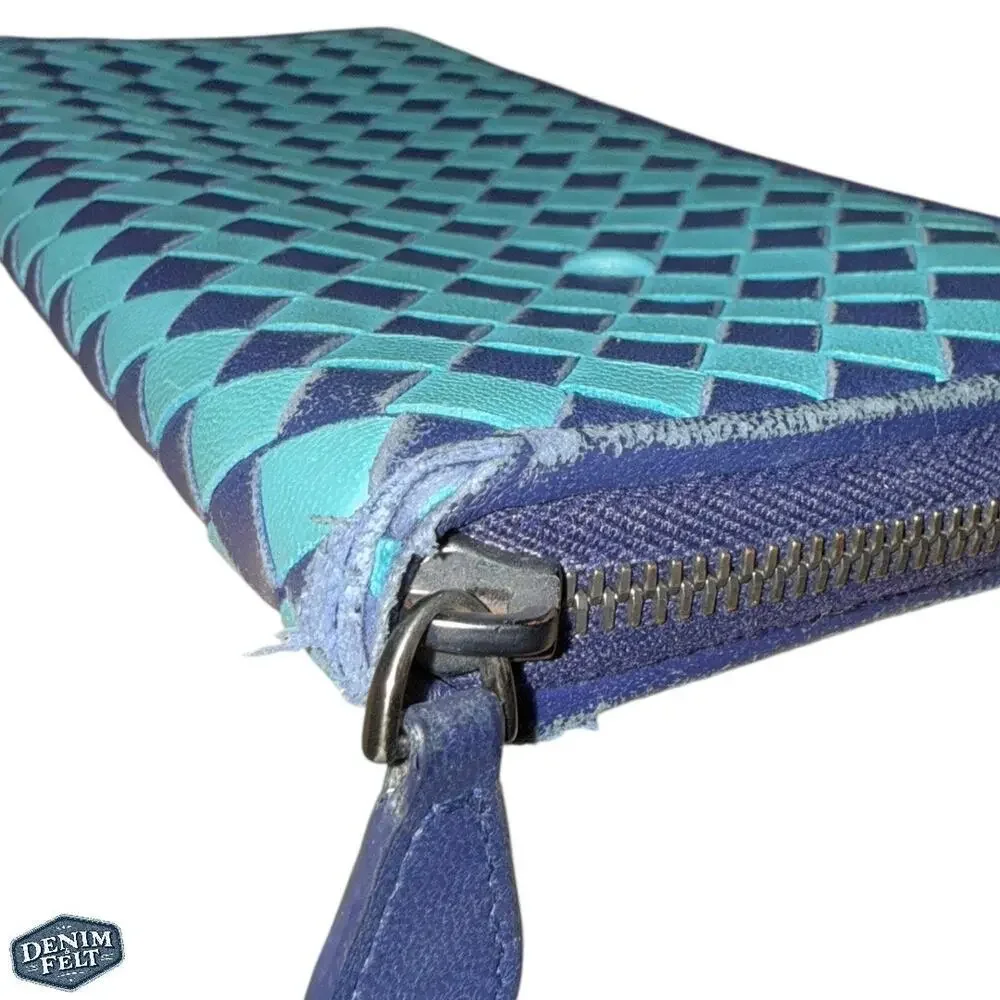 Bottega Veneta Turquoise/Navy Long Zip-Around‎ Leather Continental Wallet 💙RARE